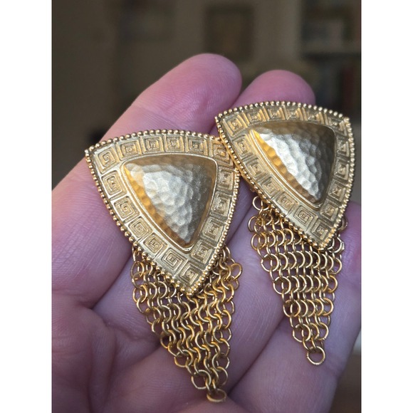 Whiting & Davis Jewelry - Rare Whiting&Davis Goldtone Greek Key Hammered Fringe Earrings Stunning!
